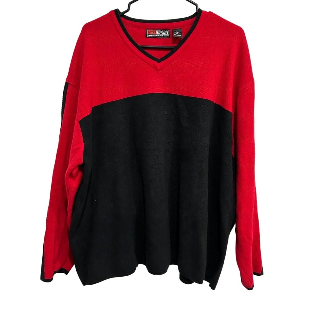 Structure Sport V Neck Sweater Red Black Colorblock Cotton Sz XL